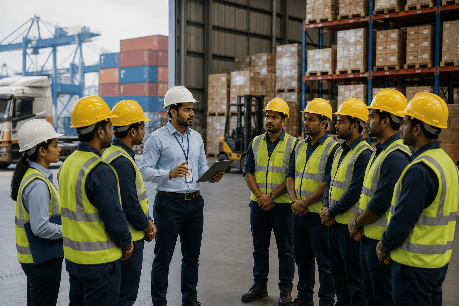 Supervisor briefing a warehouse manpower team